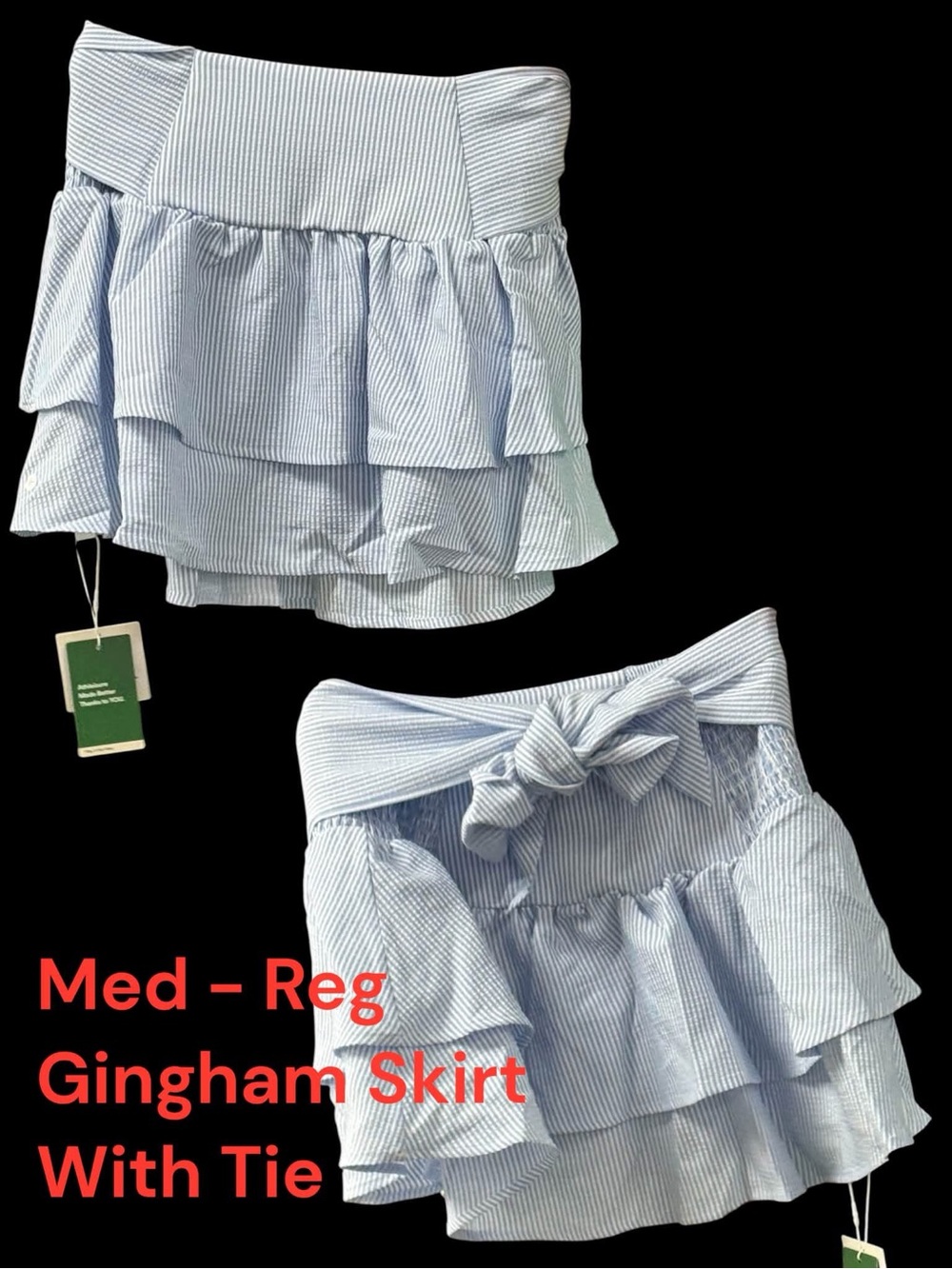 HALARA Light Blue Striped Gingham Ruffle Mini Skirt with Tie